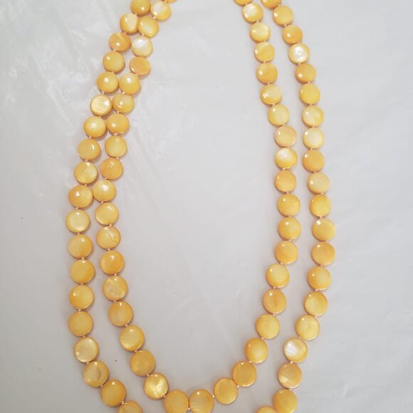 DBL Strand Yellow Shell Pearl Coin Handmade Necklace Filigree Box Clasp - Picture 3 of 9